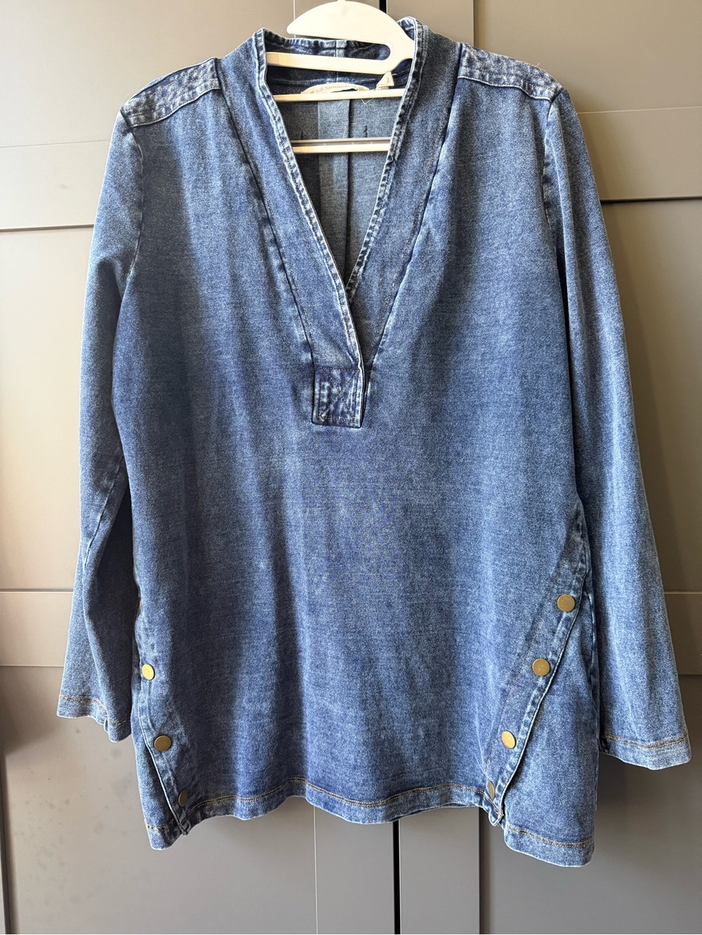 Soft Surroundings denim tunic, Petite Medium, 96/4 cotton denim and spandex.